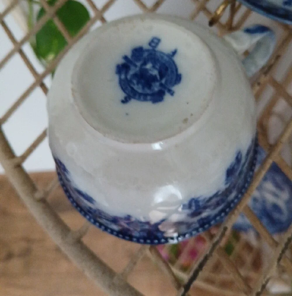 Blue and White Floral Teacup & Saucer Set Flow Blue